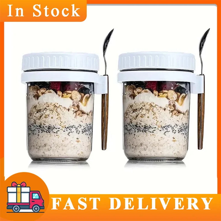 Overnight Oats Container with Lid and Spoon 300ML Glass Breakfast Cup for Yogurt Salad Cereal Storage