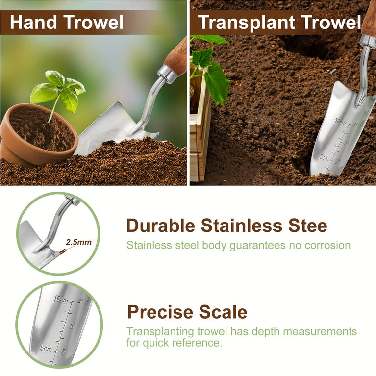 4PCS Heavy Duty Garden Tool Set Stainless Steel Hand Shovel Spade Rake Kit
