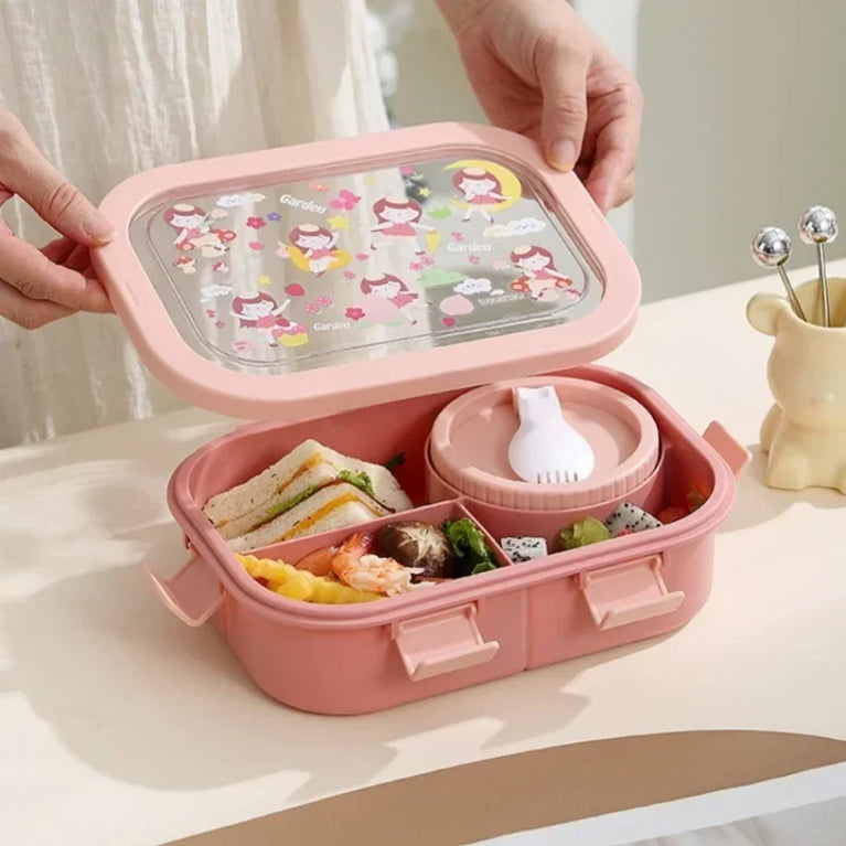 1000/1350ml Cartoon Lunch Box Leakproof Bento Container with Soup Bowl Portable Food Storage Box