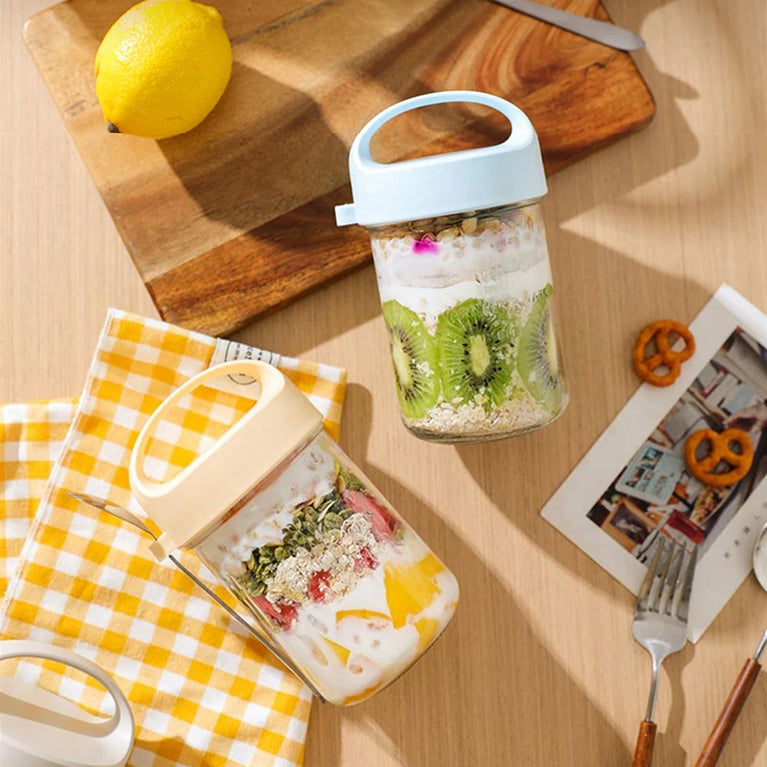Glass Yogurt Breakfast Cup With Lid Spoon Overnight Oats Container Jar