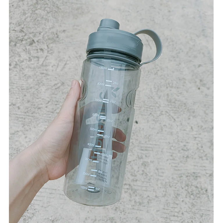1000ml Transparent Straw Strap Bounce Button Sports Water Bottle 1L Leakproof Handgrip Gym Hydration Bottle