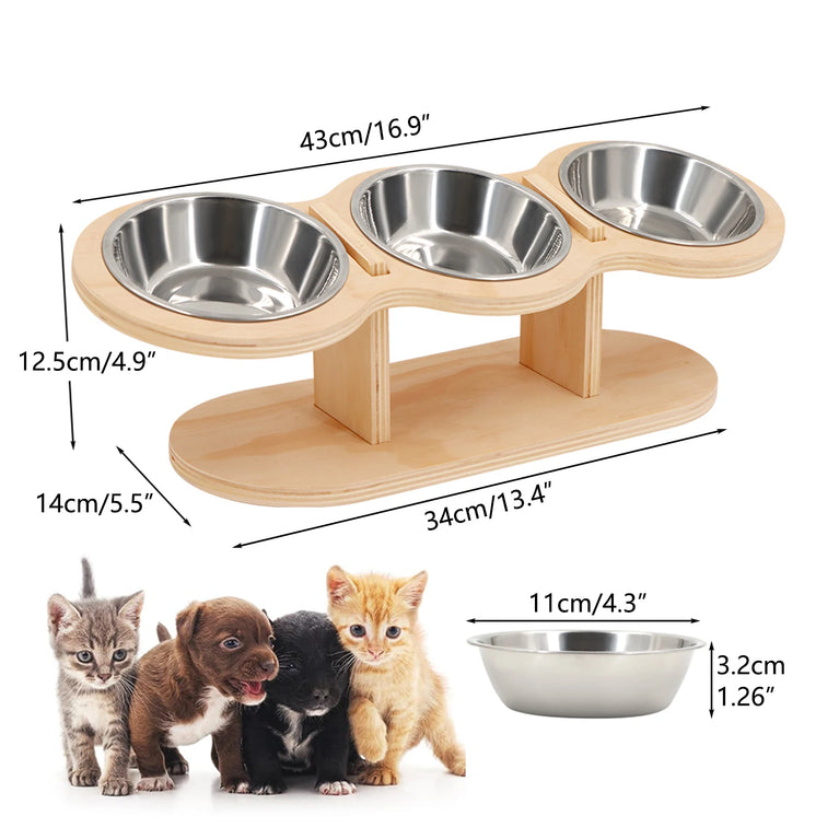 15° Tilted Raised Cat Bowls with Wooden Stand and 3 Steel Dishes