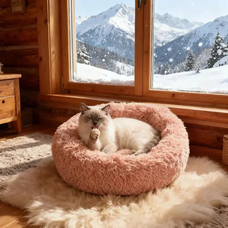 Round Plush Cat Bed Nest Soft Faux Fur Cozy Non-Slip Pet Bed