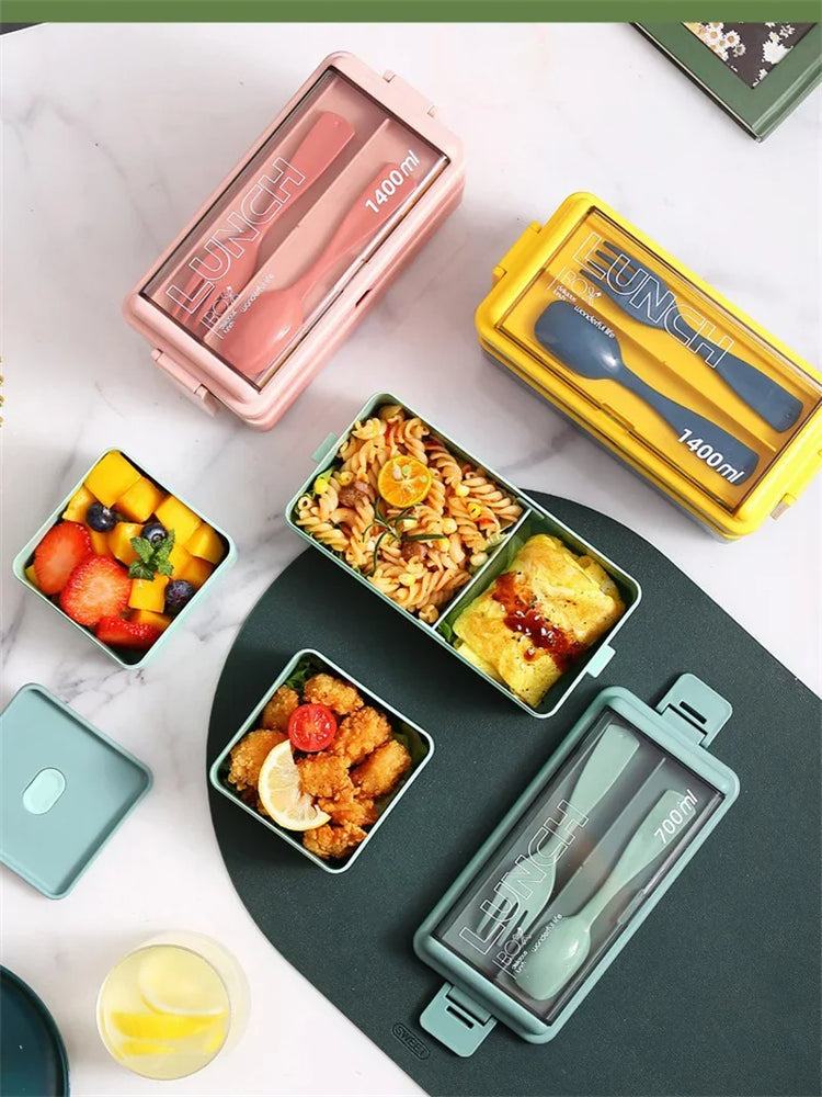 Portable Leakproof Microwave Lunch Box 700/1400ML with Spoon Bento Container