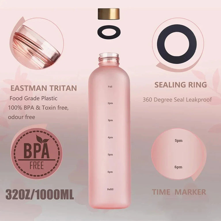 1L Water Bottle with Time Marker Leakproof BPA-Free Fitness Sports Outdoor Travel Hydration Bottle with Straw