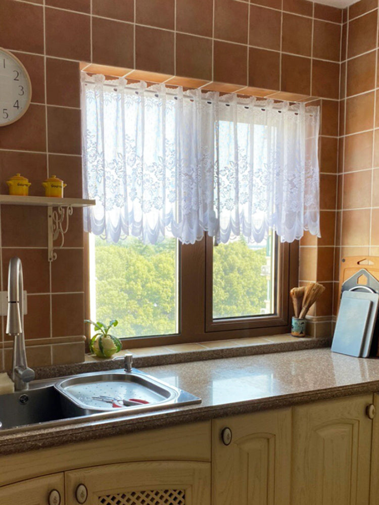 White Lace Sheer Tulle Curtains | Pastoral Floral Kitchen & Cafe Voile