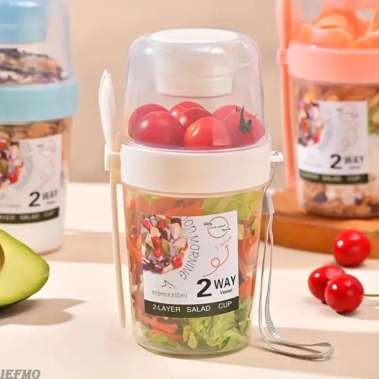 Portable Breakfast Salad Cup Oatmeal Fruit Vegetable Container with Fork Lid Leakproof Round PP Jar