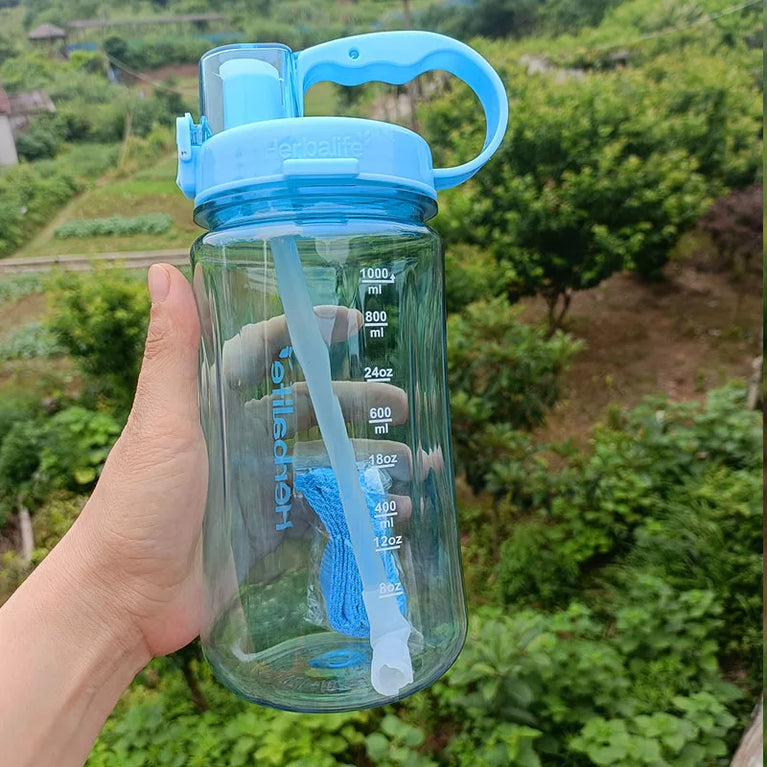1000ml Transparent Straw Strap Bounce Button Sports Water Bottle 1L Leakproof Handgrip Gym Hydration Bottle