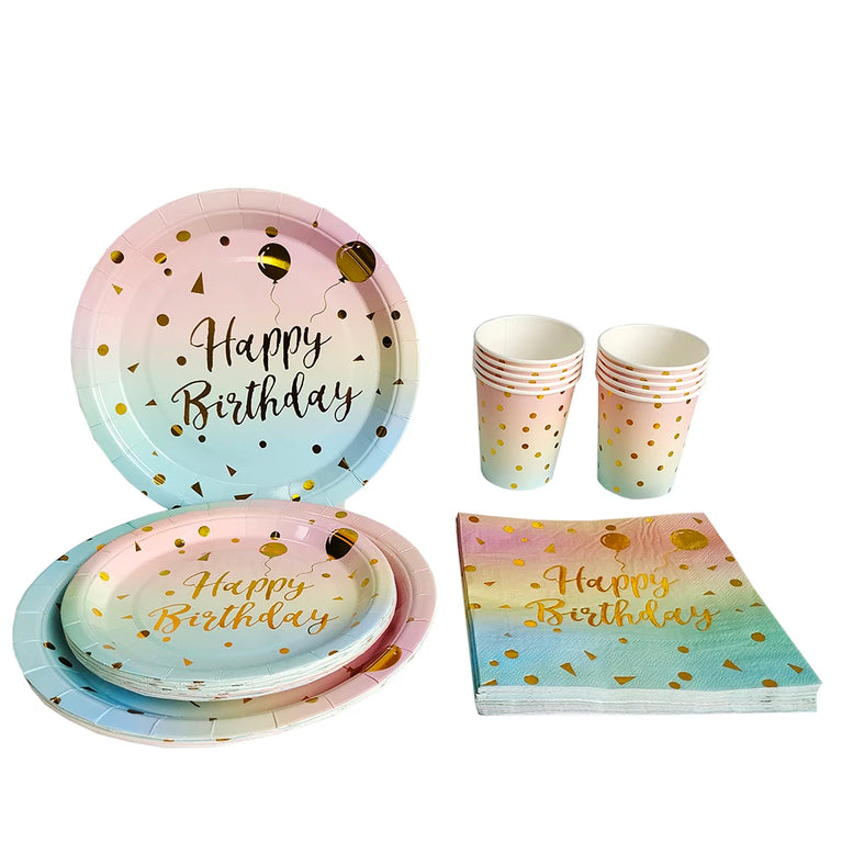Rainbow Birthday Disposable Tableware Gold Dot Party Set Plates Cups Napkins