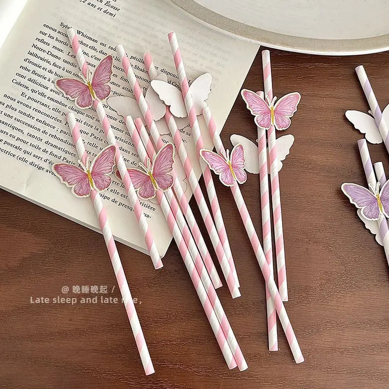 Butterfly Paper Straws 10 Sticks Disposable Eco Friendly Juice Milk Tea Drink Straws