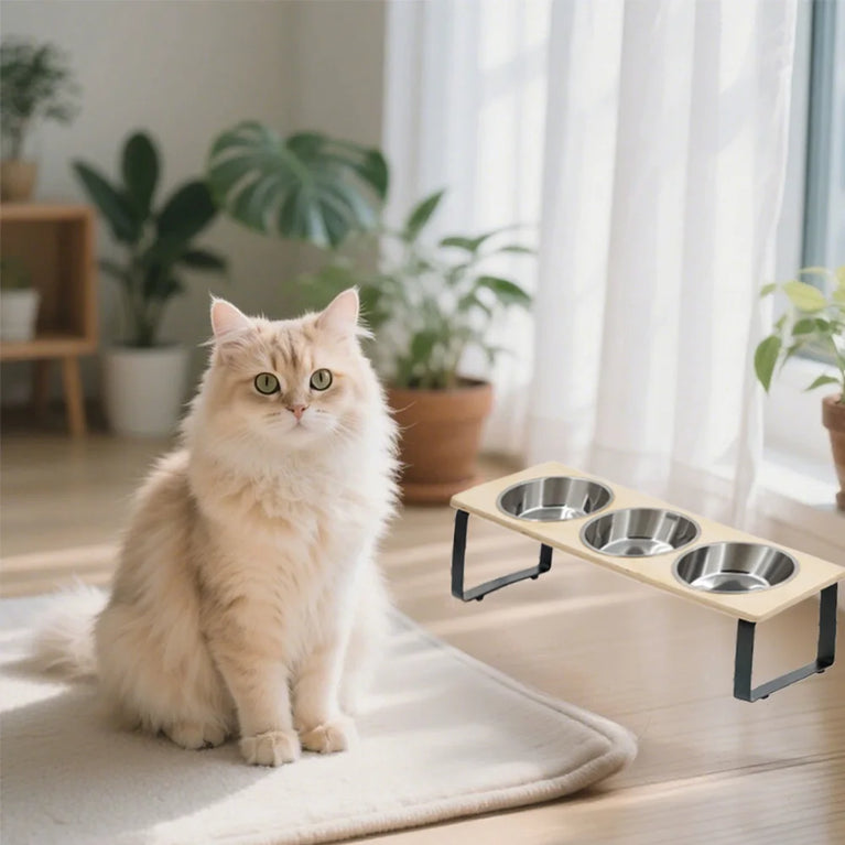 15° Tilted Raised Cat Bowls with 3 Steel Anti Vomiting Feeder