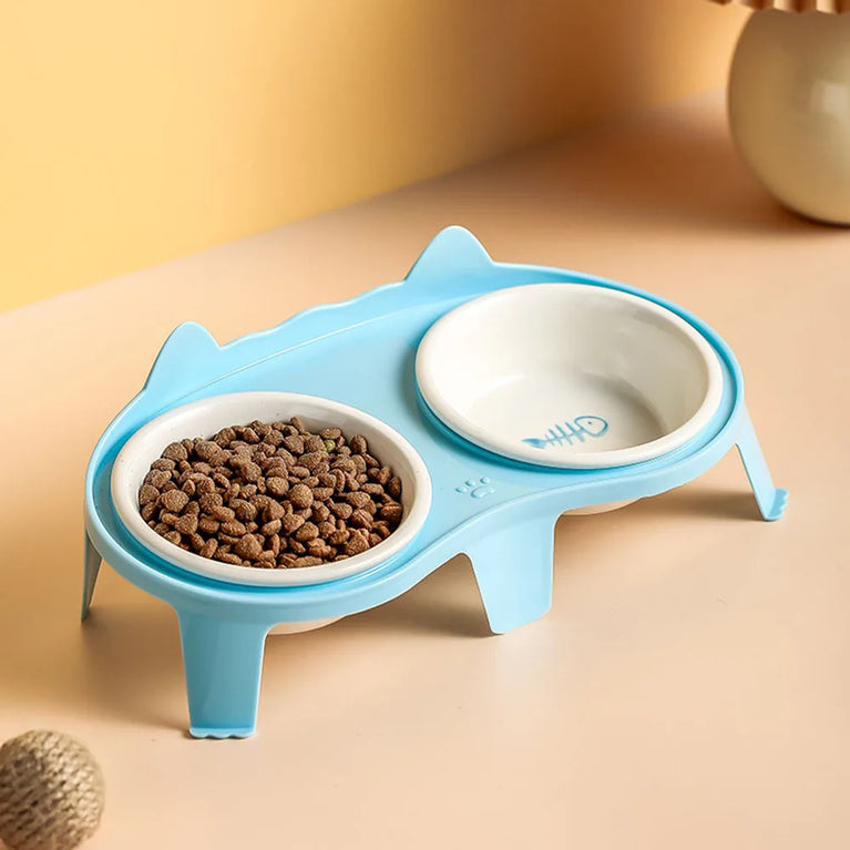 Ceramic Cat Bowl Double Bowl Elevated Slanted Pet Feeding Water Dish Rounded Design