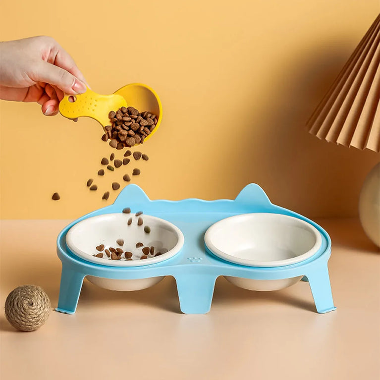 Ceramic Cat Bowl Double Bowl Elevated Slanted Pet Feeding Water Dish Rounded Design