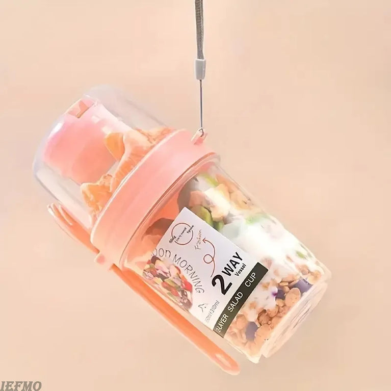 Portable Breakfast Salad Cup Oatmeal Fruit Vegetable Container with Fork Lid Leakproof Round PP Jar
