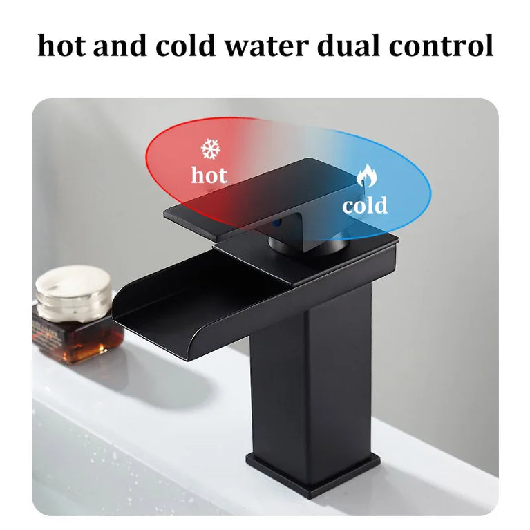 Waterfall Wide-Mouth Stainless Steel Faucet | Contemporary Deck-Mounted Hot & Cold Basin Tap