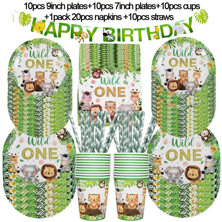 Wild One Animals Jungle Safari Birthday Disposable Tableware Set