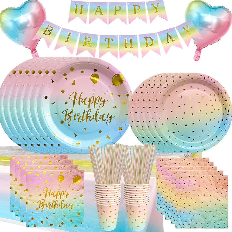 Rainbow Birthday Disposable Tableware Gold Dot Party Set Plates Cups Napkins