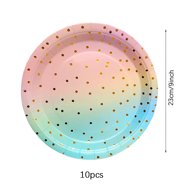 Rainbow Birthday Disposable Tableware Gold Dot Party Set Plates Cups Napkins