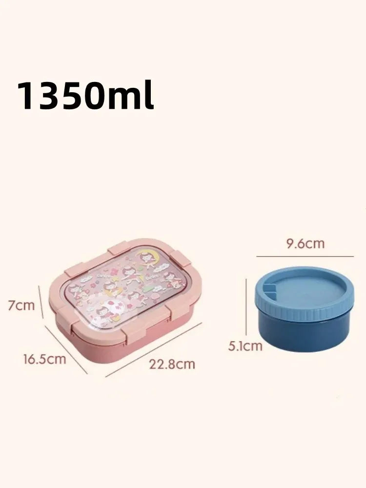 1000/1350ml Cartoon Lunch Box Leakproof Bento Container with Soup Bowl Portable Food Storage Box