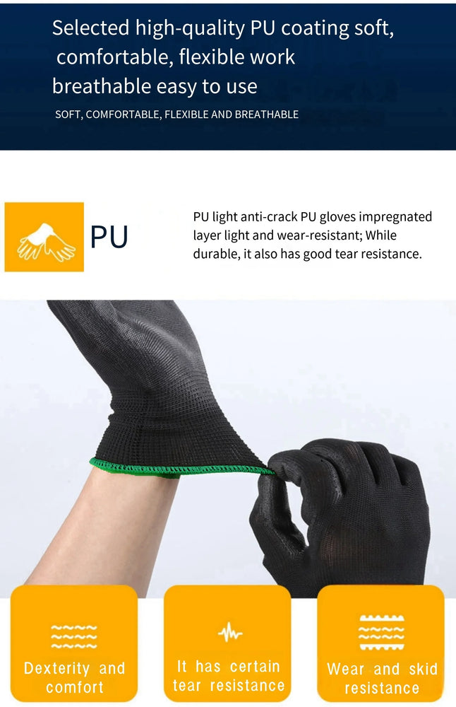 10 Pairs PU Safety Work Gloves Anti Slip Wear Resistant Gardening Woodworking Gloves PU200B