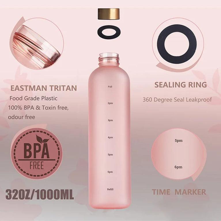 1L Water Bottle with Time Marker Leakproof BPA-Free Fitness Sports Outdoor Travel Hydration Bottle with Straw
