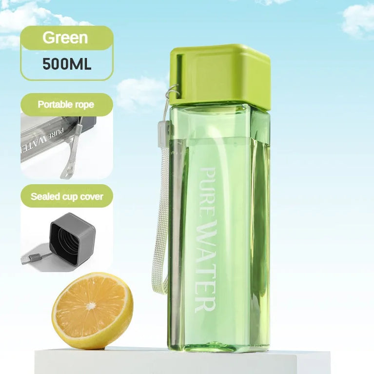500ML Clear Square Portable Plastic Water Bottle With Rope Carry Design