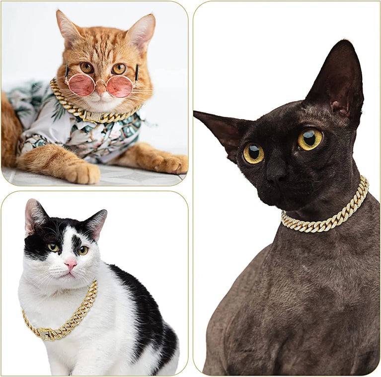 Luxury Cuban Link Cat Necklace Jewelry Rhinestone Collar Gold Chain Kitten