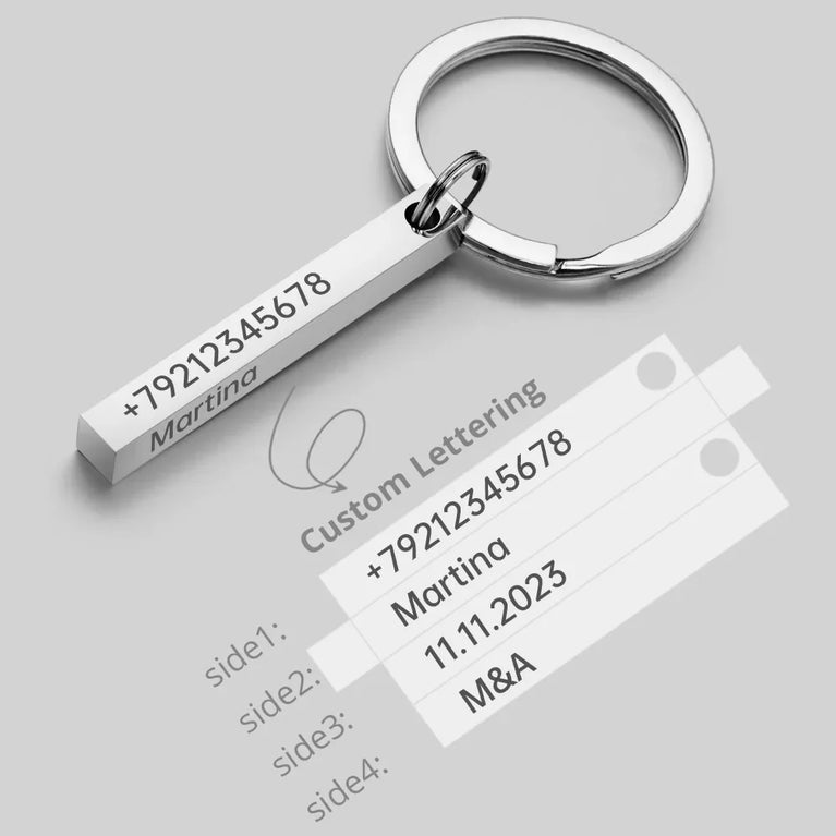 3D Bar Stainless Steel Personalized Keychain | Custom Engraved 4-Side Keyring