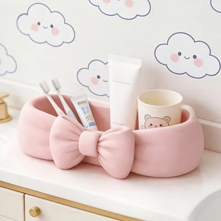 Cute Bow Bathroom Desk Organiser Makeup Tray Skincare Storage Box