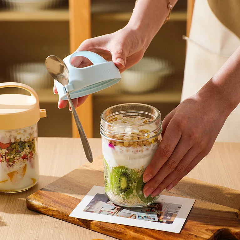 Glass Yogurt Breakfast Cup With Lid Spoon Overnight Oats Container Jar