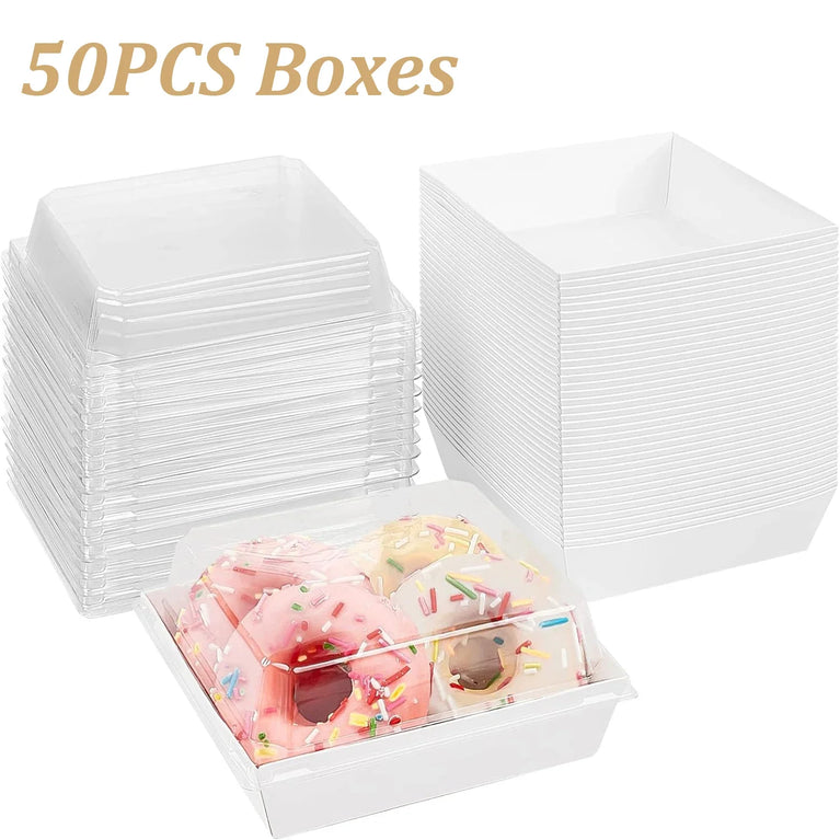 50PCS Paper Charcuterie Boxes with Clear Lids Square White Disposable Donut Dessert To Go Containers