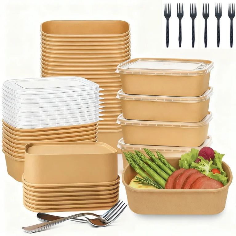 Disposable Kraft Paper Food Containers with Lids Leak Proof Meal Prep Lunch Box Set for Takeout Food Storage