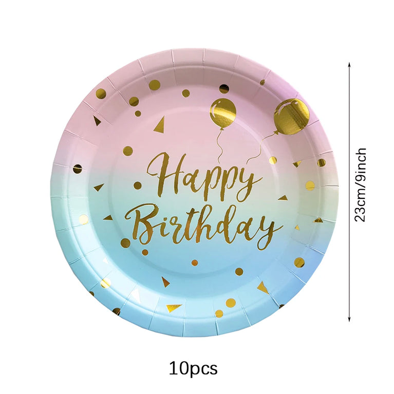 Rainbow Birthday Disposable Tableware Gold Dot Party Set Plates Cups Napkins