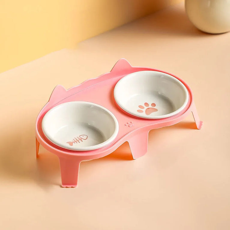 Ceramic Cat Bowl Double Bowl Elevated Slanted Pet Feeding Water Dish Rounded Design