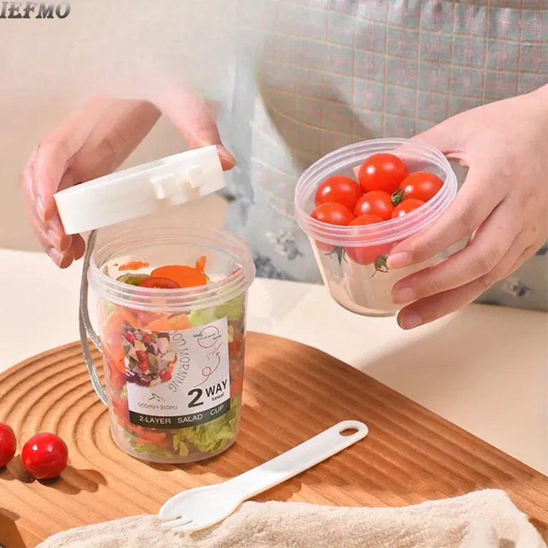 Portable Breakfast Salad Cup Oatmeal Fruit Vegetable Container with Fork Lid Leakproof Round PP Jar