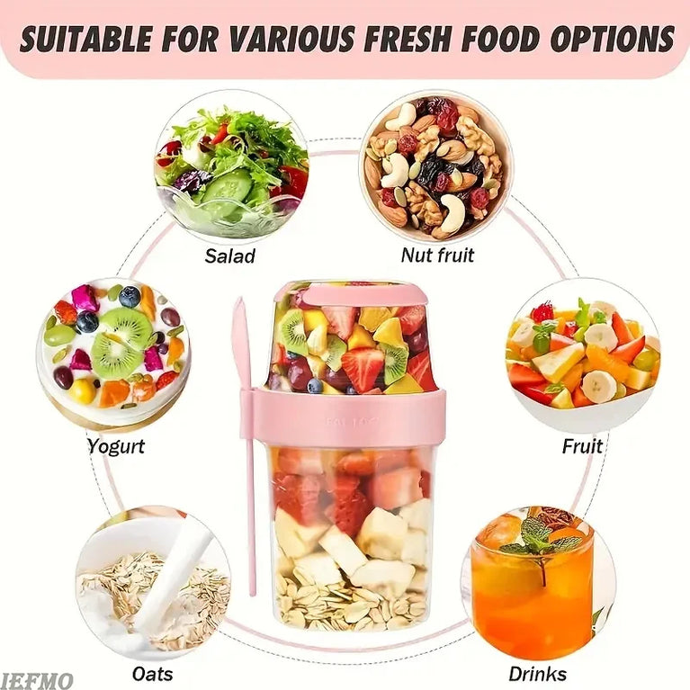 Portable Breakfast Salad Cup Oatmeal Fruit Vegetable Container with Fork Lid Leakproof Round PP Jar