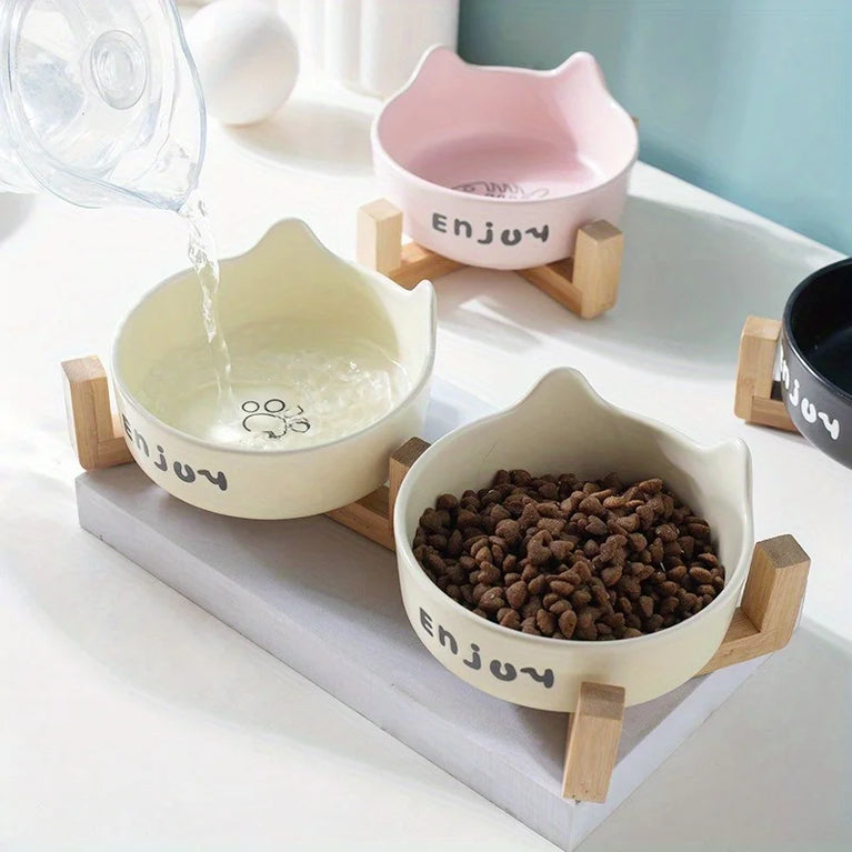 Non Slip Ceramic Double Pet Food Bowl Set 3pcs Rack With Dual Feeding System For Cats And Dogs