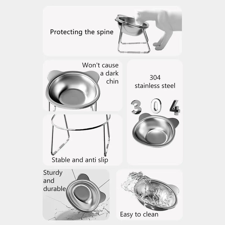 Raised Cat Bowls Tilted Neck Guard 304 Stainless Steel Elevated 15 Degree Anti Slip Pet Feeding Set