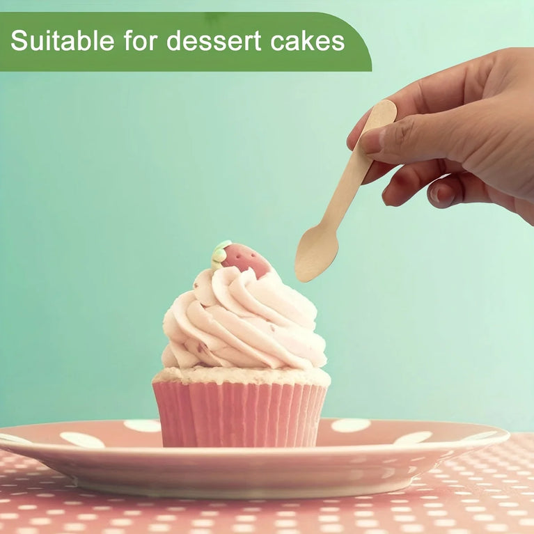 100Pcs Disposable Birch Wood Ice Cream Dessert Mini Spoons Party Set
