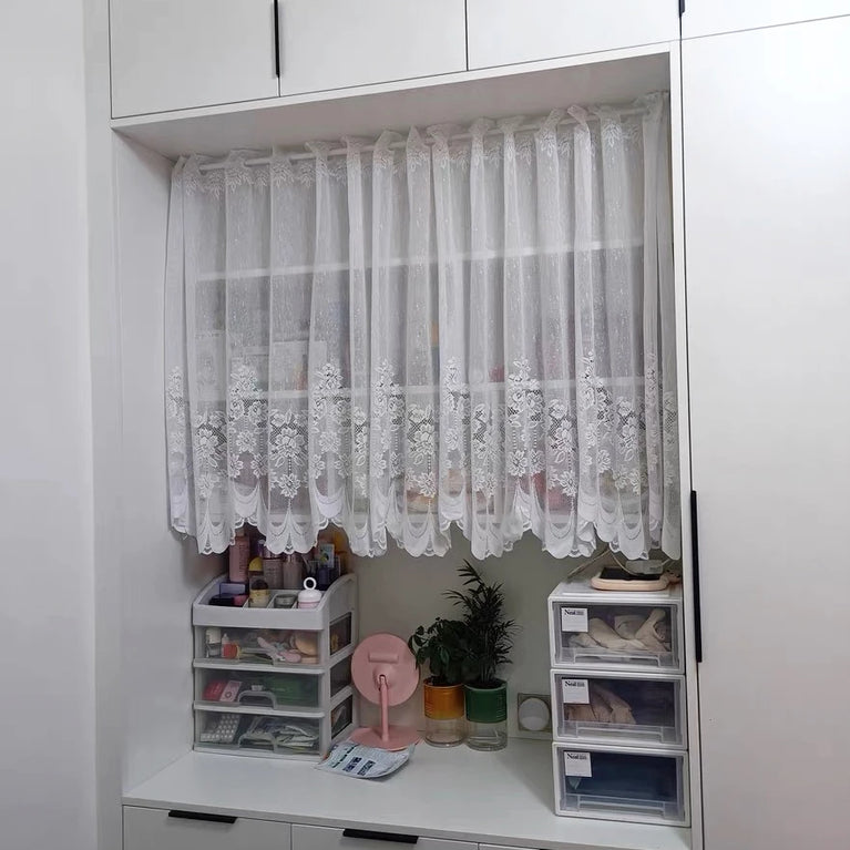 White Lace Sheer Tulle Curtains | Pastoral Floral Kitchen & Cafe Voile