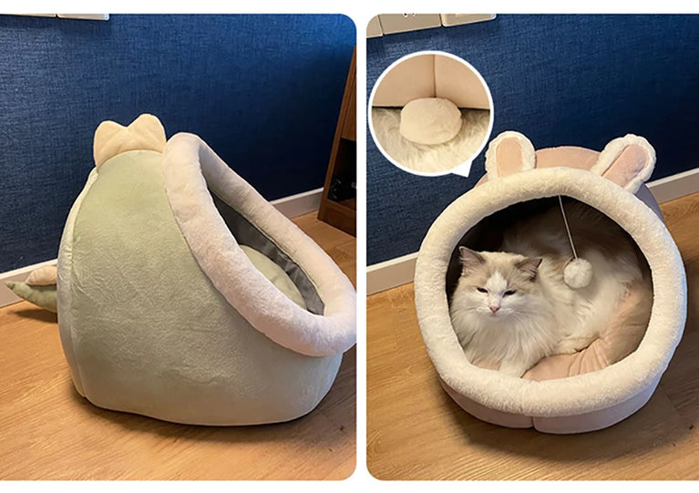 Deep Sleep Cat Cartoon Bed Cotton Cave Soft Foldable Washable Pet Bed House