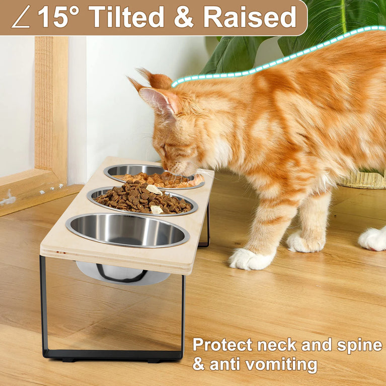 15° Tilted Raised Cat Feeding Station with 3 Steel Bowls Set