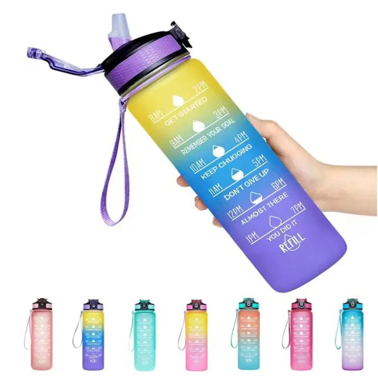 1L Motivational Gradient Sports Waterbottle Straw Leakproof Gym Bottle