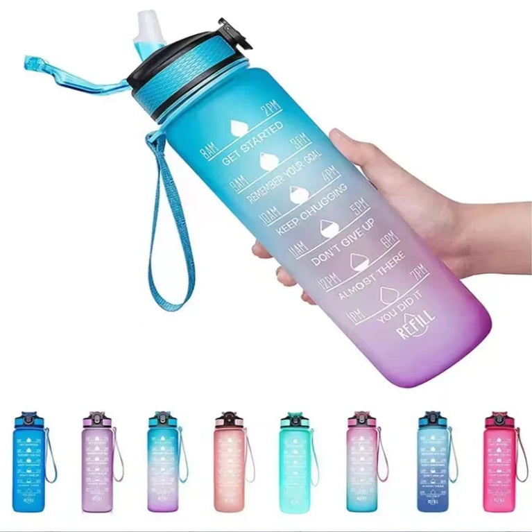 1L Motivational Gradient Sports Waterbottle Straw Leakproof Gym Bottle
