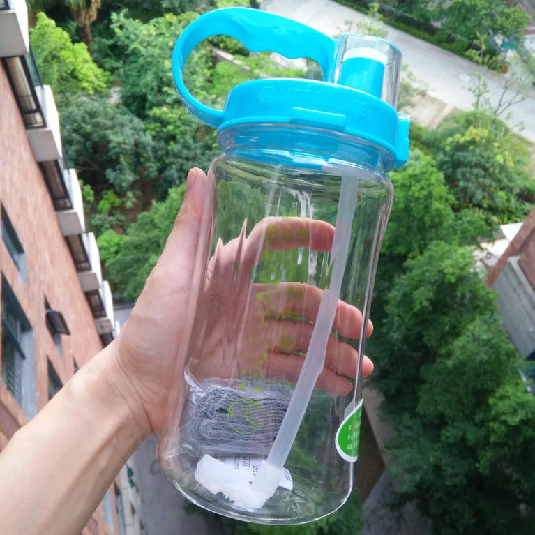1000ml Transparent Straw Strap Bounce Button Sports Water Bottle 1L Leakproof Handgrip Gym Hydration Bottle