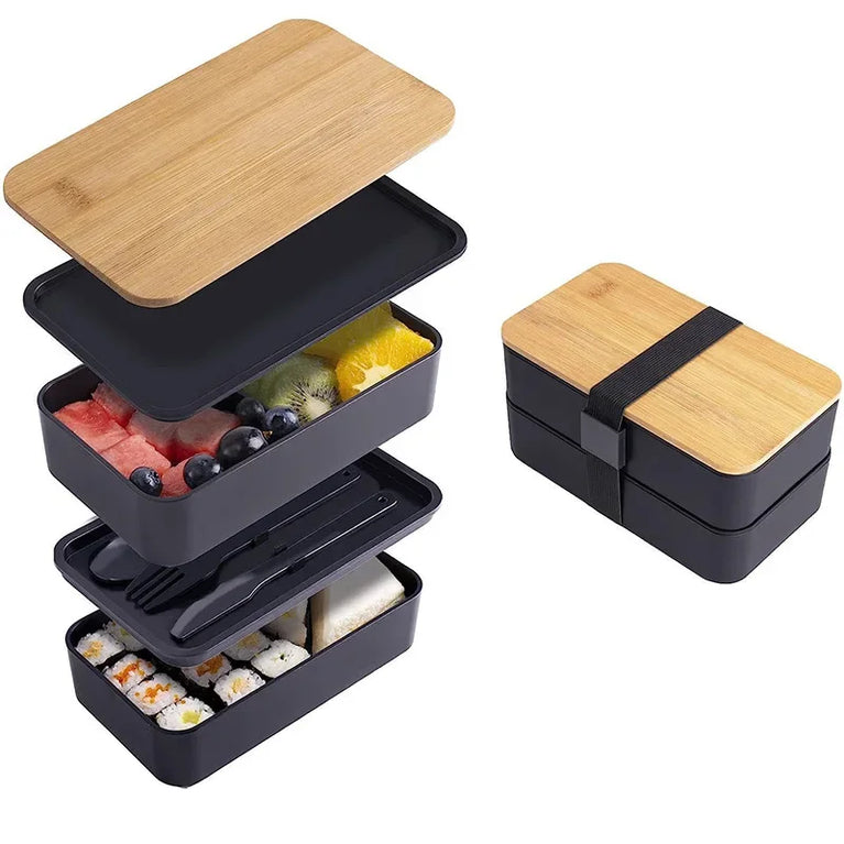 2-Tier Leakproof Bento Lunch Box with Cutlery Microwave Safe Stackable Food Storage Container for Kids and Adults