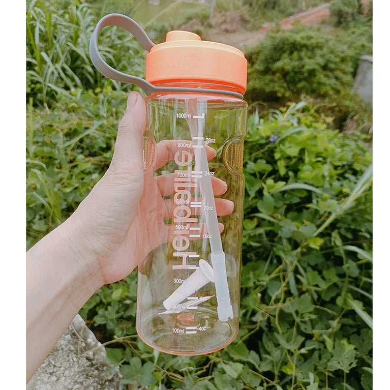 1000ml Transparent Straw Strap Bounce Button Sports Water Bottle 1L Leakproof Handgrip Gym Hydration Bottle