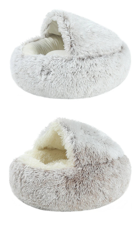 2-in-1 Round Plush Pet Nest | Half-Enclosed Warm Cave Bed