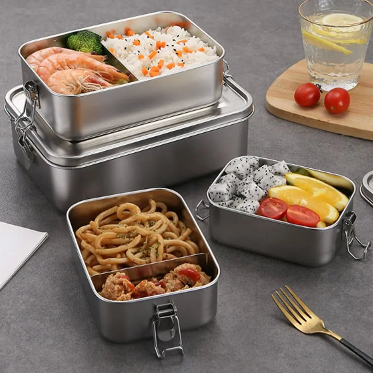 Stainless Steel Leakproof Bento Lunch Box Large Capacity Square Food Container with Lock Clips for Travel and Outdoor Use