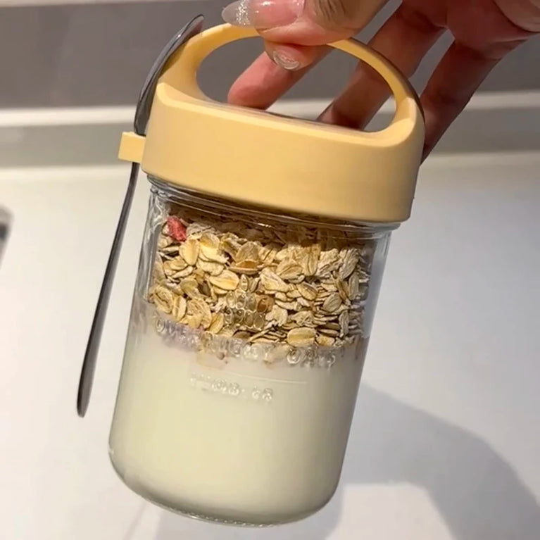 Glass Yogurt Breakfast Cup With Lid Spoon Overnight Oats Container Jar